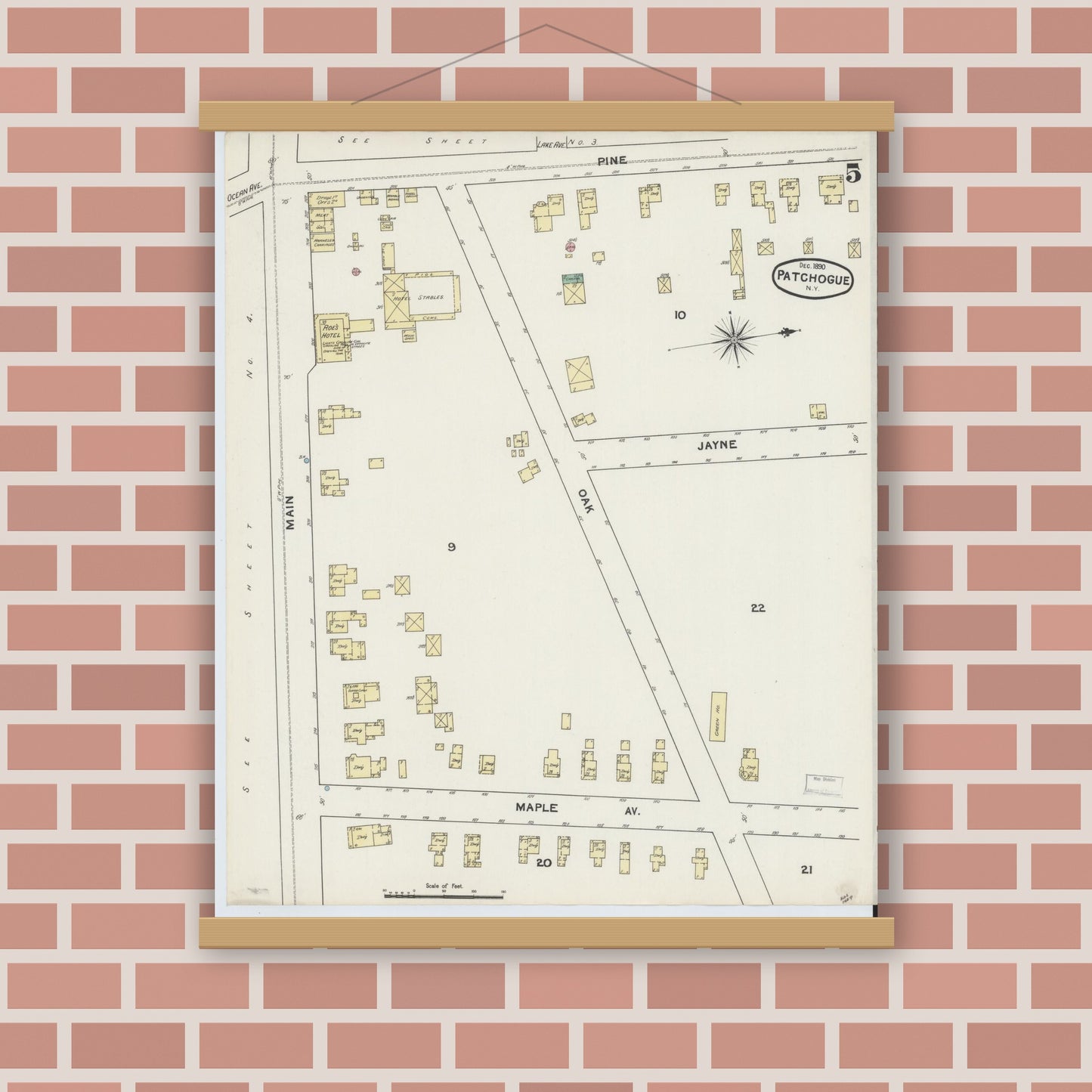 Old map wall art mockup — magnetic wood frame on brick wall — Sanborn Fire Insurance Map from Patchogue, Suffolk County, New York (1891), Sheet #0005