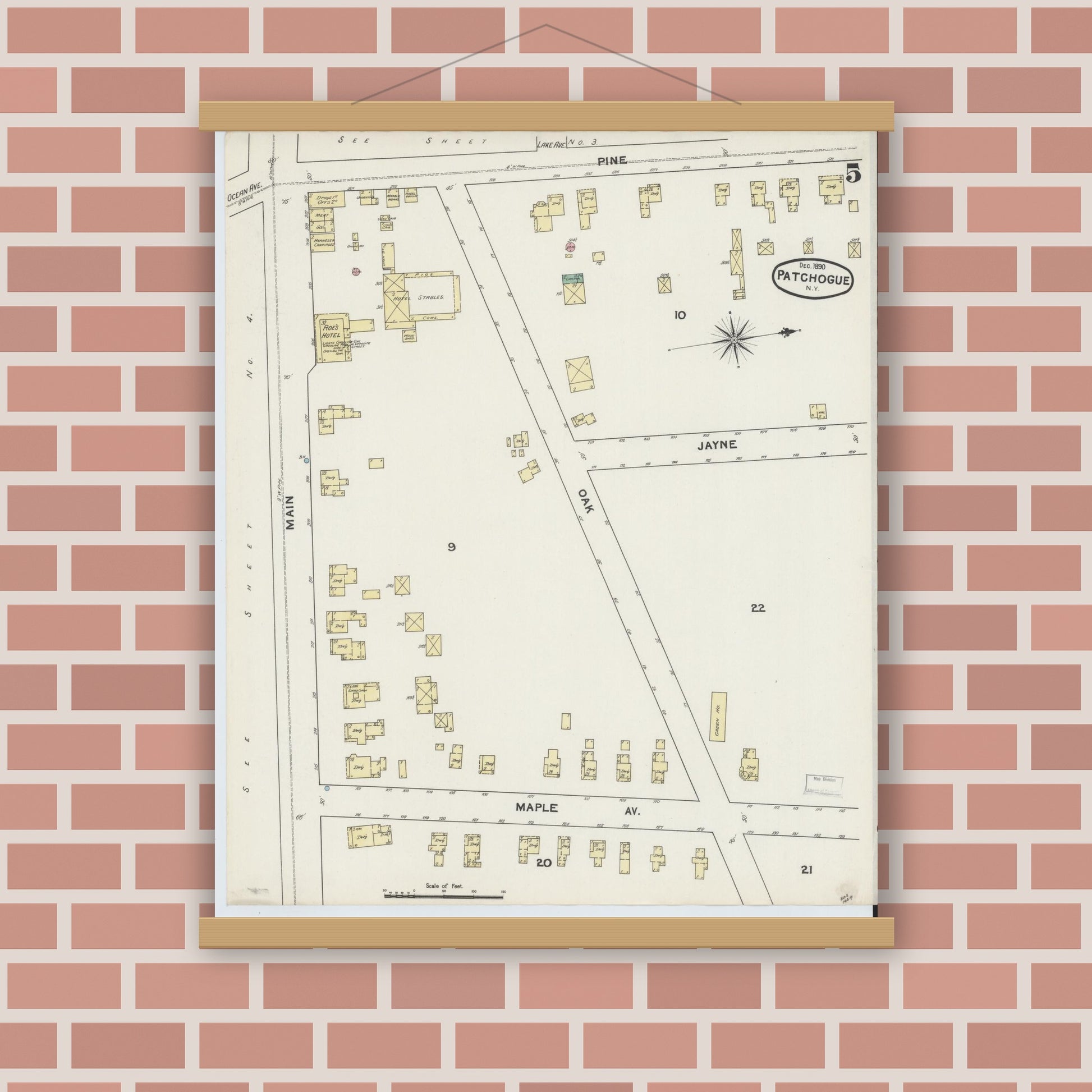 Old map wall art mockup — magnetic wood frame on brick wall — Sanborn Fire Insurance Map from Patchogue, Suffolk County, New York (1891), Sheet #0005