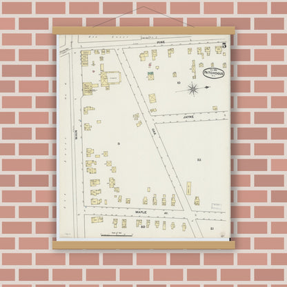 Old map wall art mockup — magnetic wood frame on brick wall — Sanborn Fire Insurance Map from Patchogue, Suffolk County, New York (1891), Sheet #0005