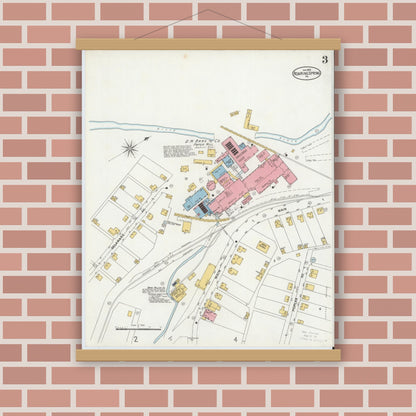 Old map wall art mockup — magnetic wood frame on brick wall — Sanborn Fire Insurance Map from Roaring Spring, Blair County, Pennsylvania (1899), Sheet #0003