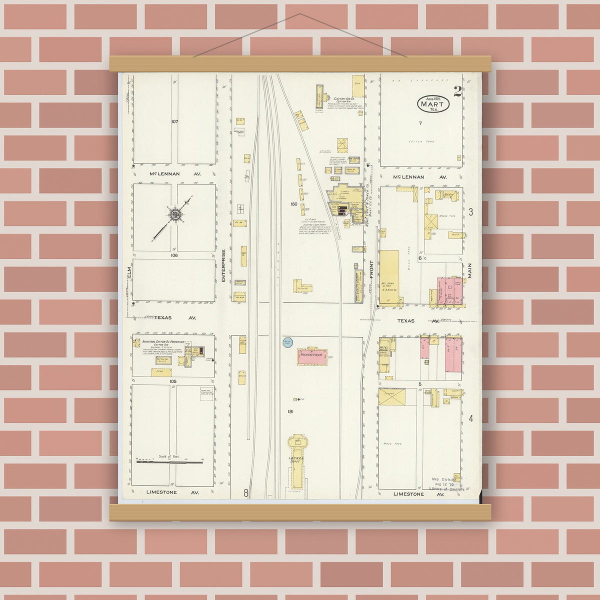Old map wall art mockup — magnetic wood frame on brick wall — Sanborn Fire Insurance Map from Mart, McLennan County, Texas (1915), Sheet #0002