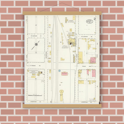 Old map wall art mockup — magnetic wood frame on brick wall — Sanborn Fire Insurance Map from Mart, McLennan County, Texas (1915), Sheet #0002