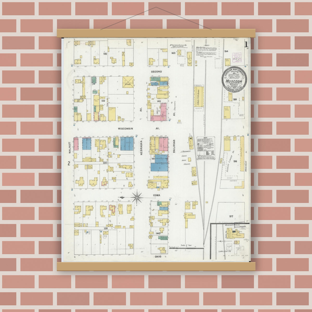 Old map wall art mockup — magnetic wood frame on brick wall — Sanborn Fire Insurance Map from Muscoda, Grant County, Wisconsin (1904) - Complete Map Set