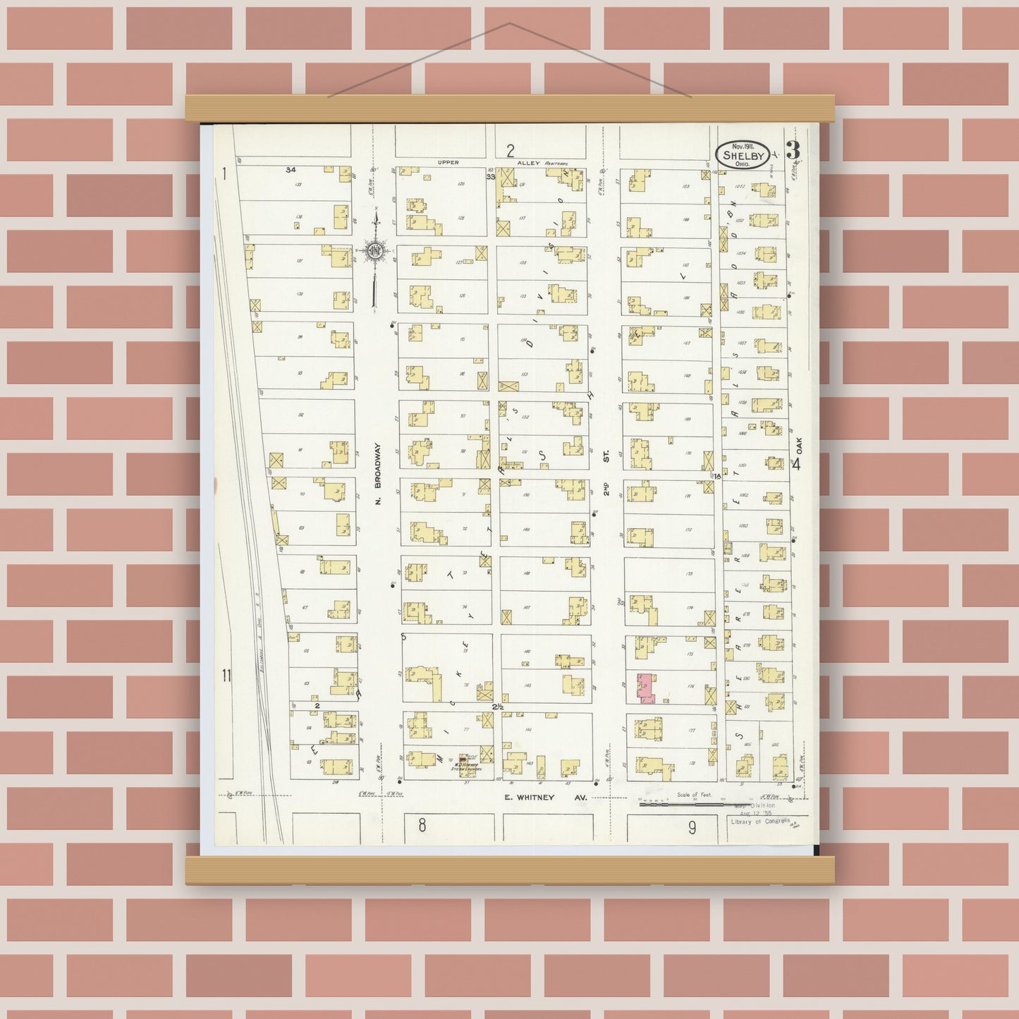 Old map wall art mockup — magnetic wood frame on brick wall — Sanborn Fire Insurance Map from Shelby, Richland County, Ohio (1911), Sheet #0003
