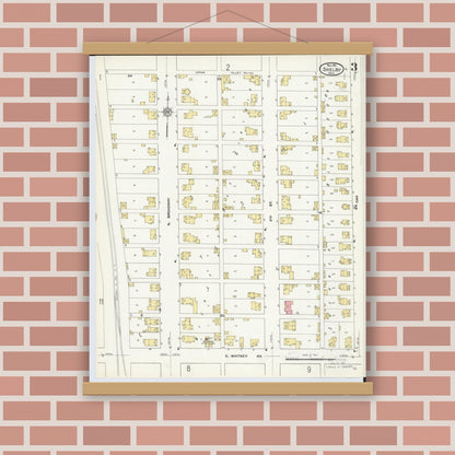Old map wall art mockup — magnetic wood frame on brick wall — Sanborn Fire Insurance Map from Shelby, Richland County, Ohio (1911), Sheet #0003