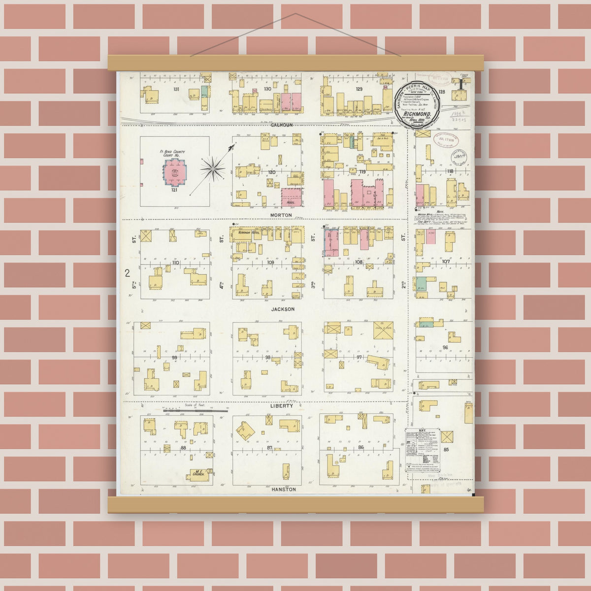 Old map wall art mockup — magnetic wood frame on brick wall — Sanborn Fire Insurance Map from Richmond, Fort Bend County, Texas (1899), Sheet #0001