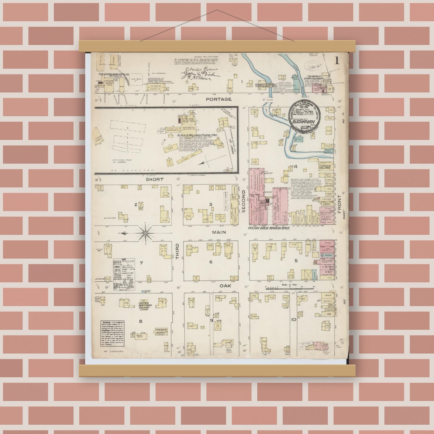 Old map wall art mockup — magnetic wood frame on brick wall — Sanborn Fire Insurance Map from Buchanan, Berrien County, Michigan (1884) - Complete Map Set