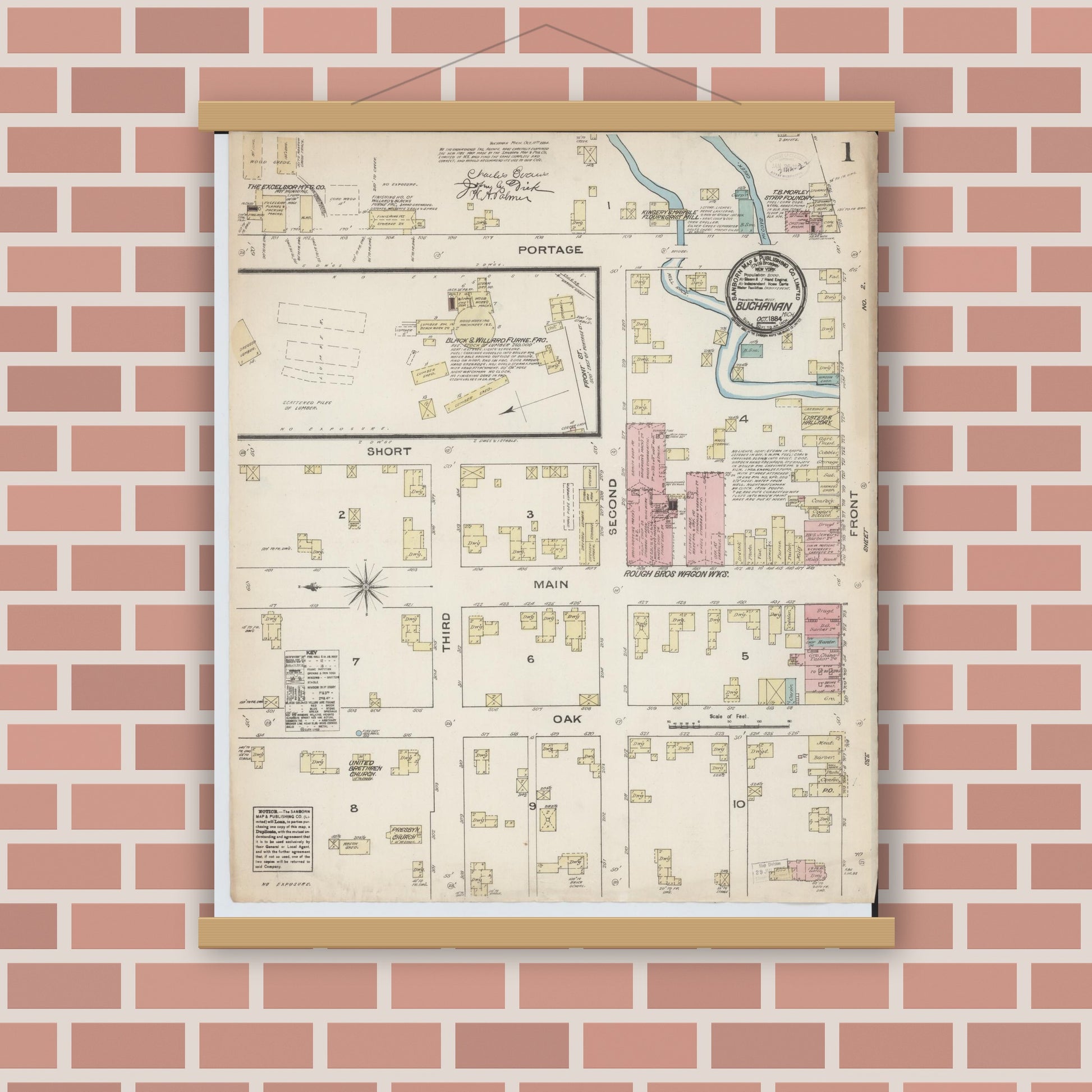 Old map wall art mockup — magnetic wood frame on brick wall — Sanborn Fire Insurance Map from Buchanan, Berrien County, Michigan (1884) - Complete Map Set