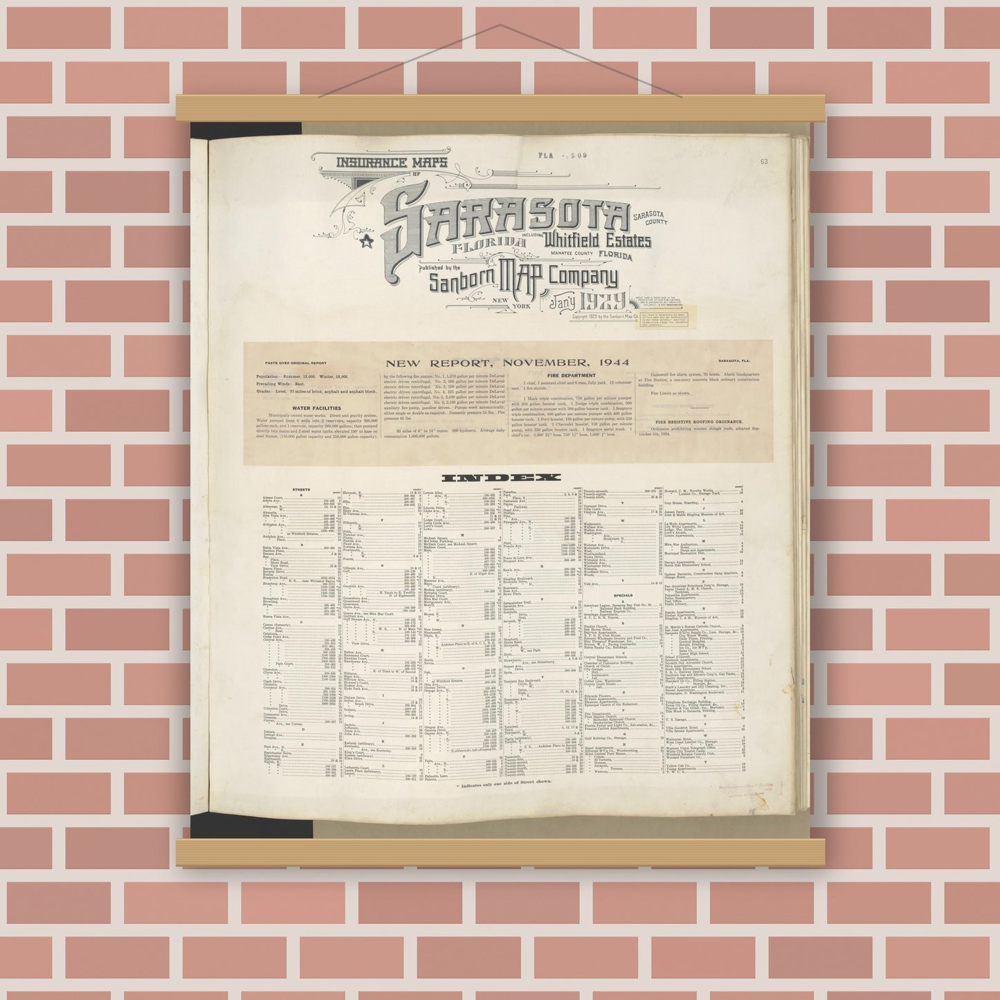Old map wall art mockup — magnetic wood frame on brick wall — Sanborn Fire Insurance Map from Sarasota, Sarasota County, Florida (1948), Sheet #0001