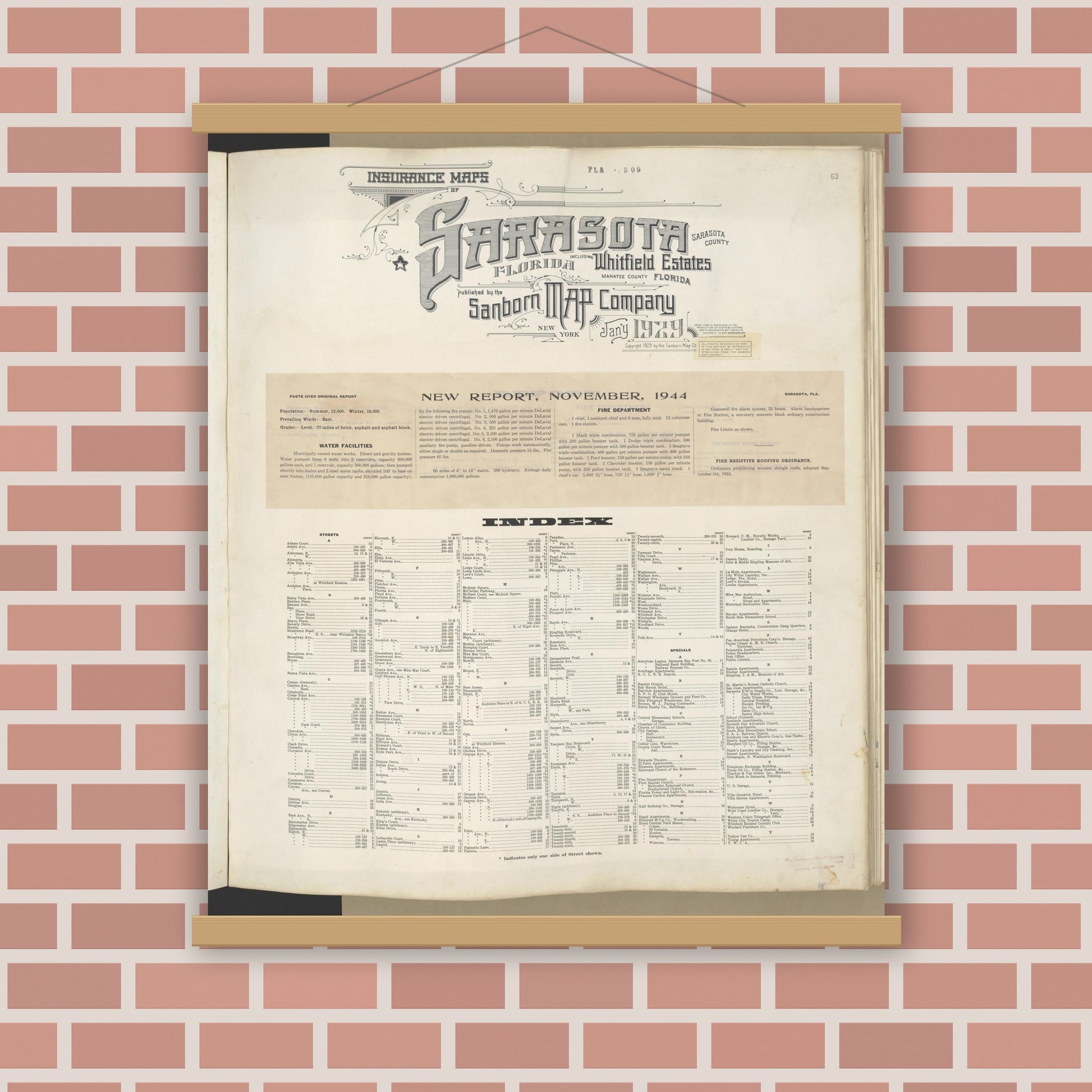 Old map wall art mockup — magnetic wood frame on brick wall — Sanborn Fire Insurance Map from Sarasota, Sarasota County, Florida (1948), Sheet #0001