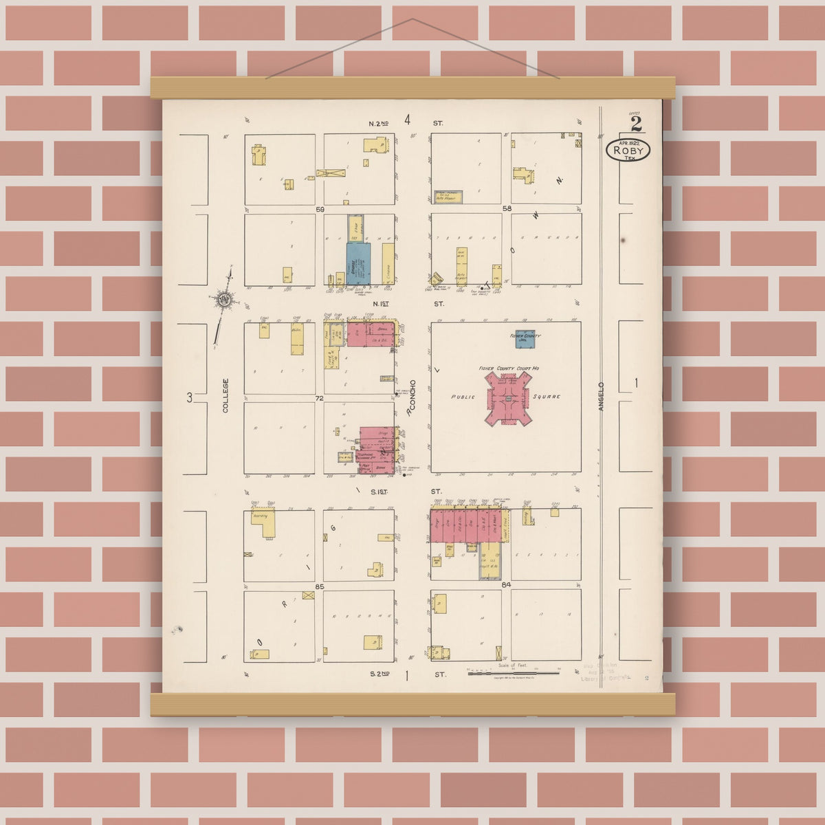 Old map wall art mockup — magnetic wood frame on brick wall — Sanborn Fire Insurance Map from Roby, Fisher County, Texas (1922), Sheet #0002