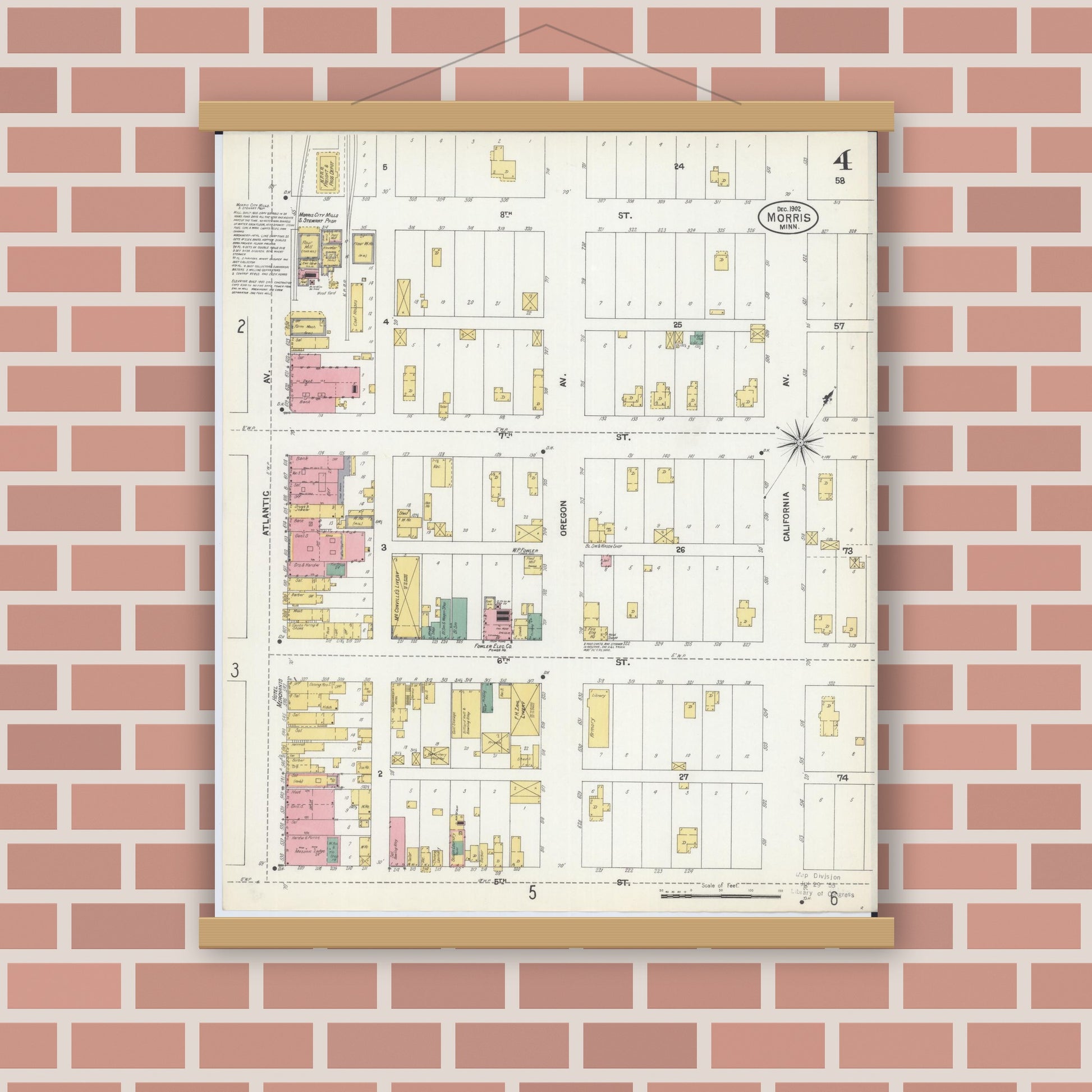 Old map wall art mockup — magnetic wood frame on brick wall — Sanborn Fire Insurance Map from Morris, Stevens County, Minnesota (1902), Sheet #0004