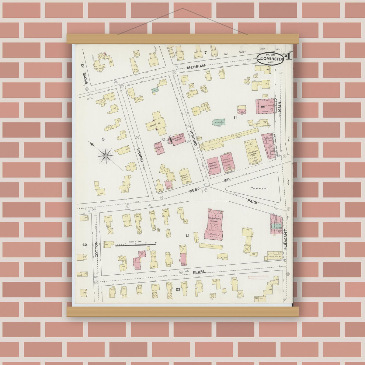 Old map wall art mockup — magnetic wood frame on brick wall — Sanborn Fire Insurance Map from Leominster, Worcester County, Massachusetts (1891), Sheet #0004