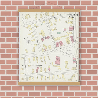 Old map wall art mockup — magnetic wood frame on brick wall — Sanborn Fire Insurance Map from Leominster, Worcester County, Massachusetts (1891), Sheet #0004
