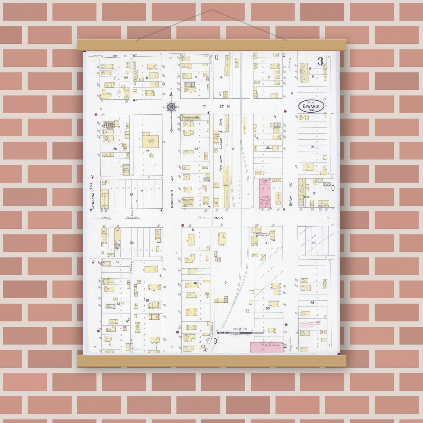 Old map wall art mockup — magnetic wood frame on brick wall — Sanborn Fire Insurance Map from Biwabik, Saint Louis County, Minnesota (1921), Sheet #0003