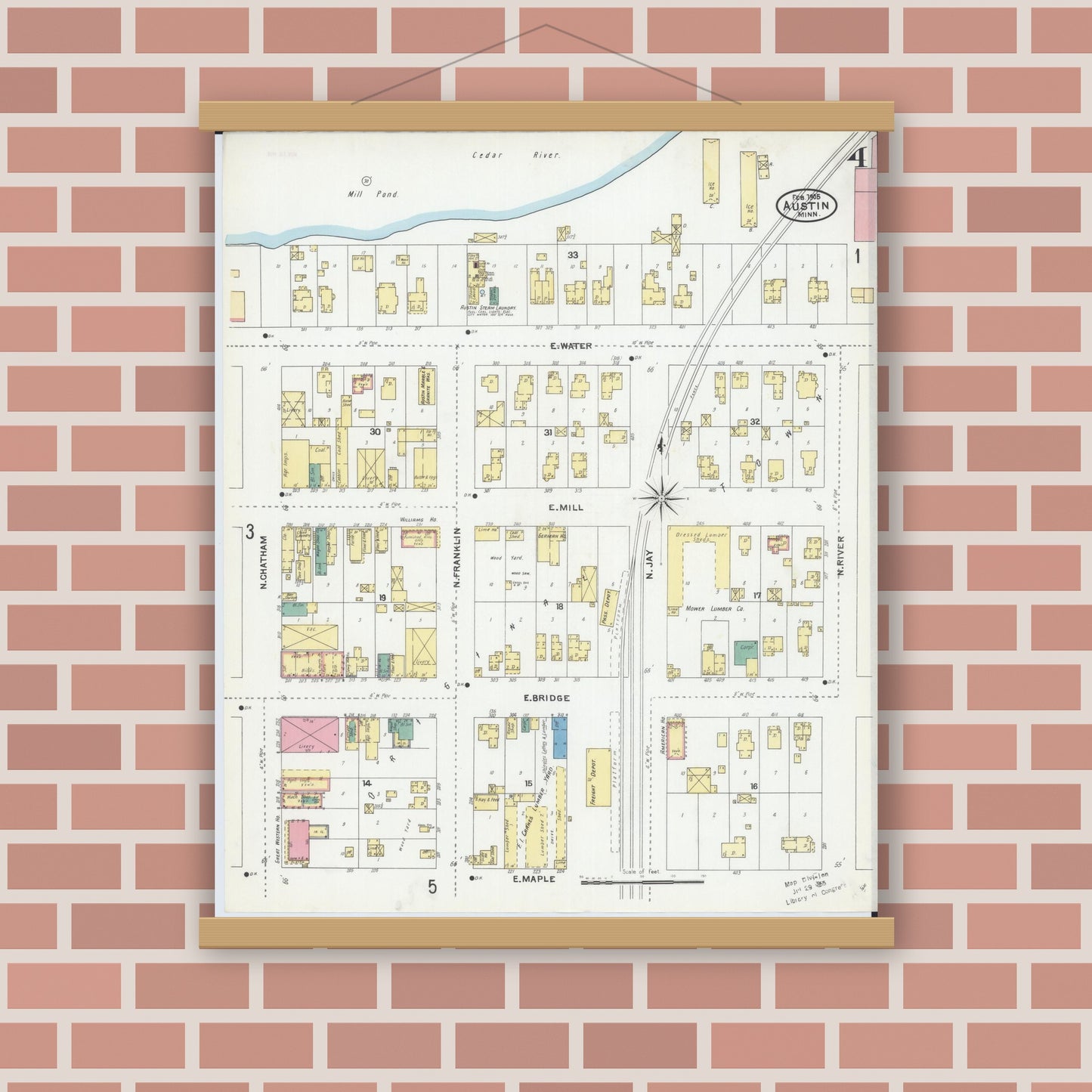 Old map wall art mockup — magnetic wood frame on brick wall — Sanborn Fire Insurance Map from Austin, Mower County, Minnesota (1905), Sheet #0004