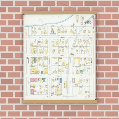 Old map wall art mockup — magnetic wood frame on brick wall — Sanborn Fire Insurance Map from Austin, Mower County, Minnesota (1905), Sheet #0004