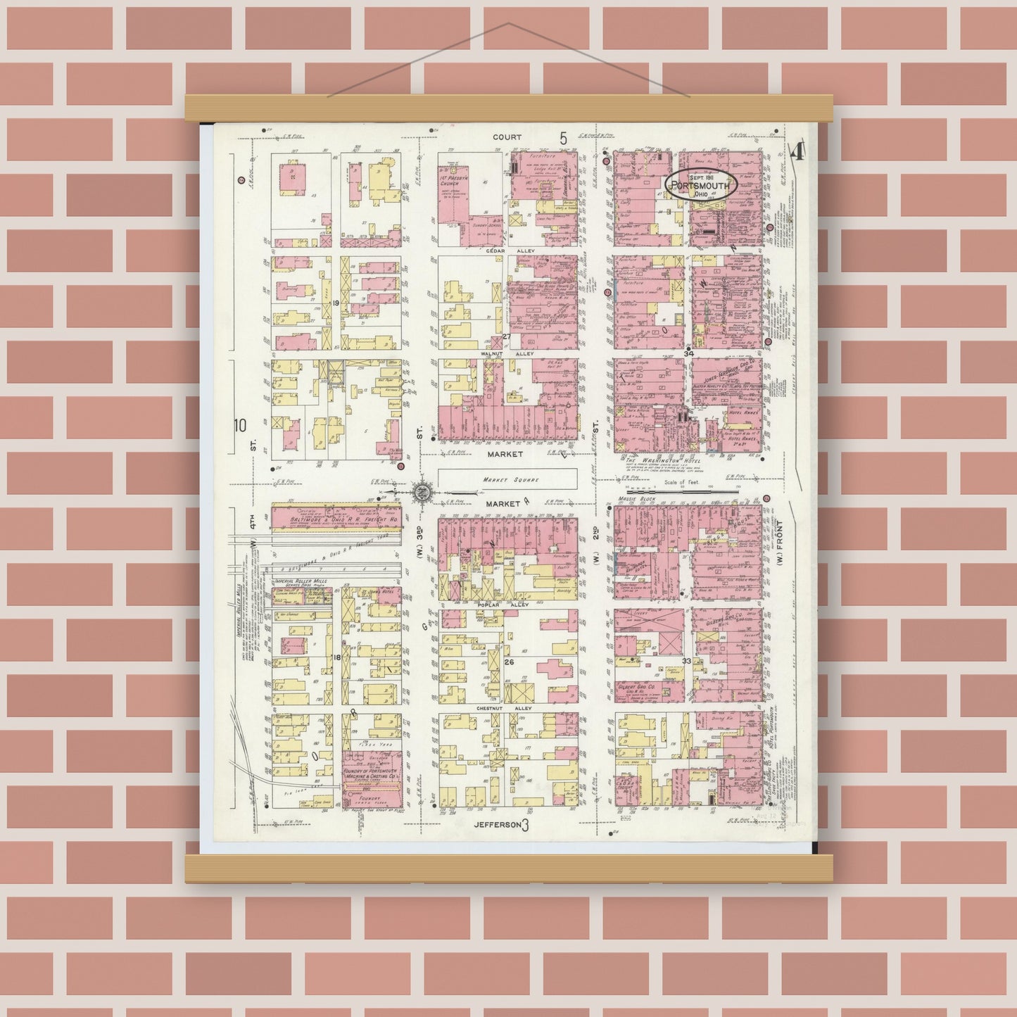 Old map wall art mockup — magnetic wood frame on brick wall — Sanborn Fire Insurance Map from Portsmouth, Scioto County, Ohio (1911), Sheet #0004