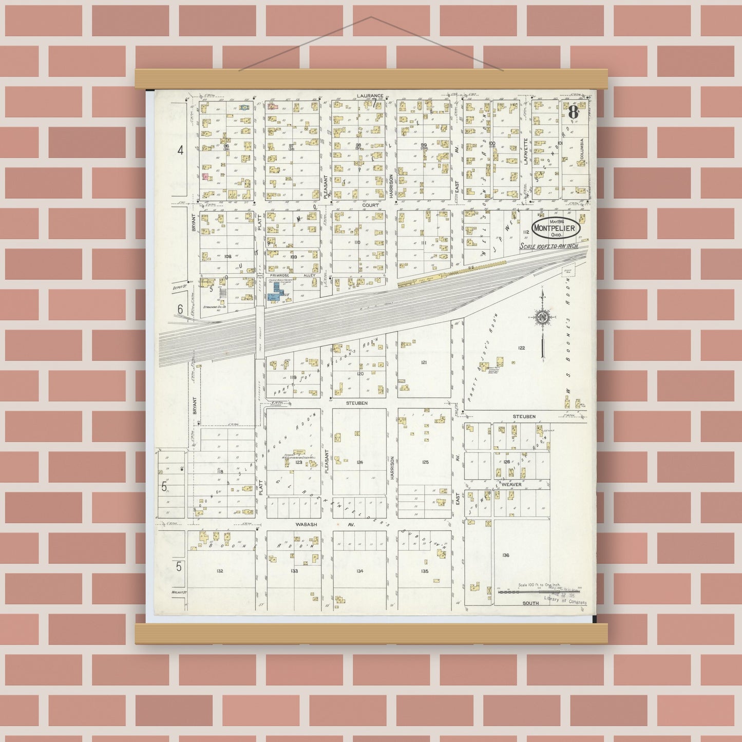 Old map wall art mockup — magnetic wood frame on brick wall — Sanborn Fire Insurance Map from Montpelier, Williams County, Ohio (1916), Sheet #0008