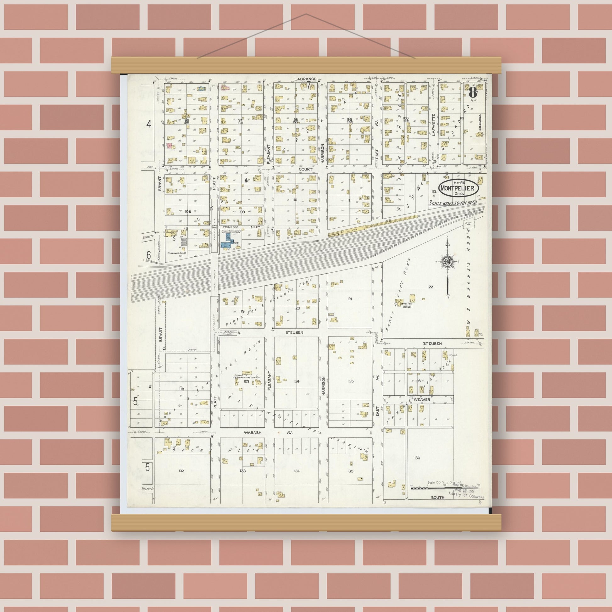 Old map wall art mockup — magnetic wood frame on brick wall — Sanborn Fire Insurance Map from Montpelier, Williams County, Ohio (1916), Sheet #0008