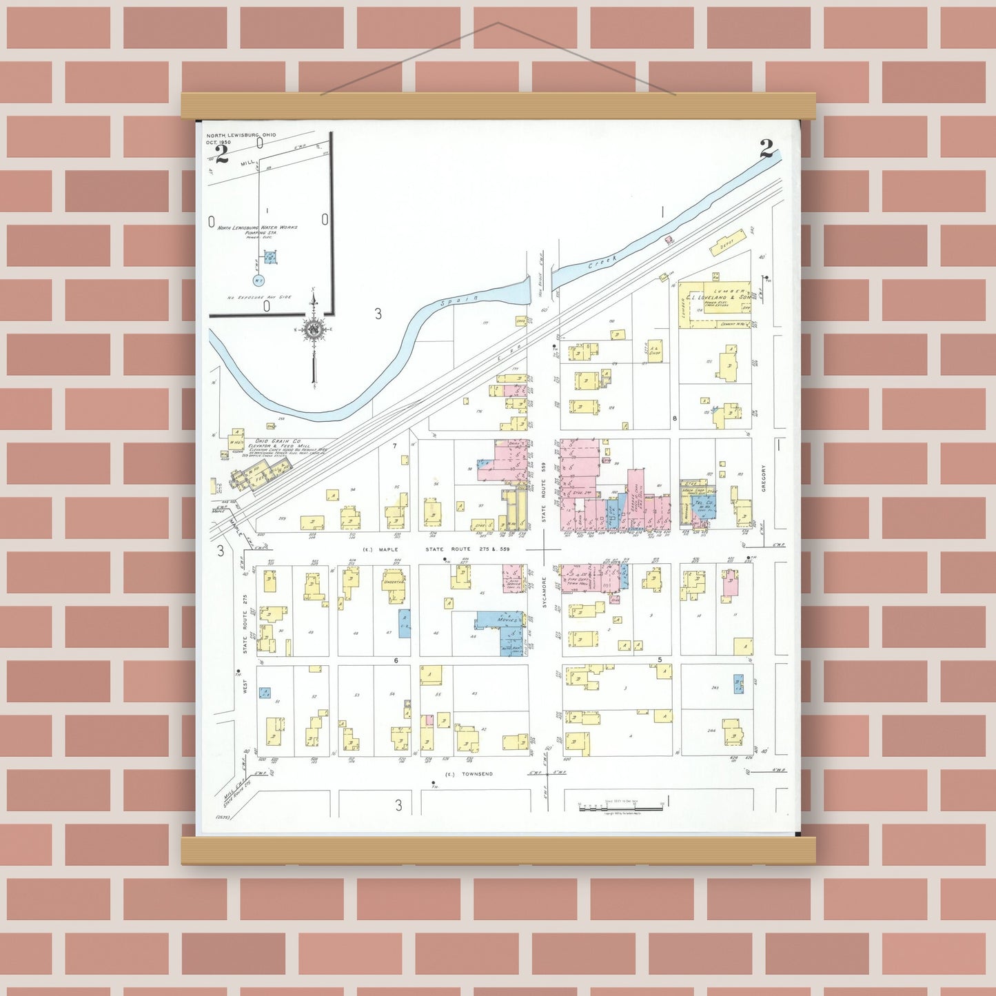 Old map wall art mockup — magnetic wood frame on brick wall — Sanborn Fire Insurance Map from North Lewisburg, Champaign County, Ohio (1950), Sheet #0002