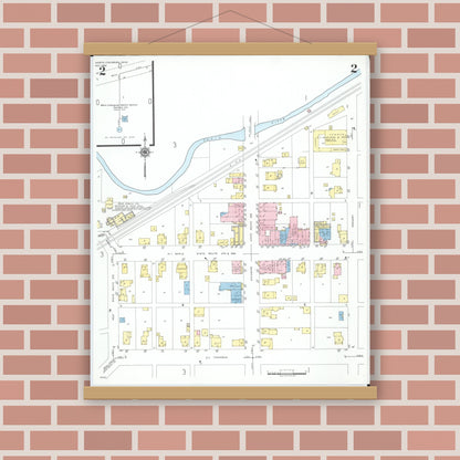 Old map wall art mockup — magnetic wood frame on brick wall — Sanborn Fire Insurance Map from North Lewisburg, Champaign County, Ohio (1950), Sheet #0002