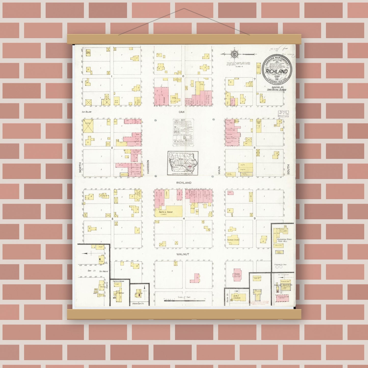 Old map wall art mockup — magnetic wood frame on brick wall — Sanborn Fire Insurance Map from Richland, Keokuk County, Iowa (1916), Sheet #0001