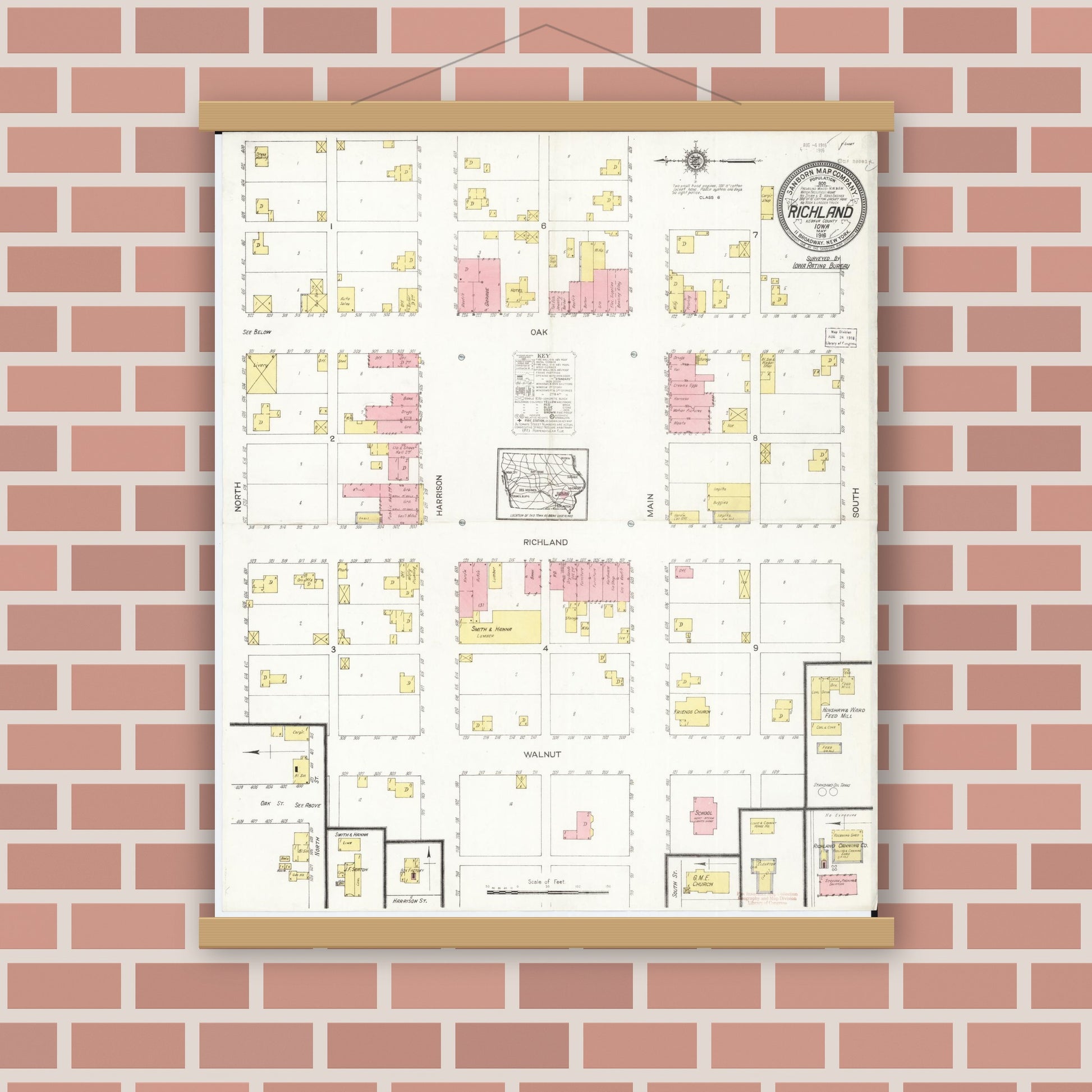 Old map wall art mockup — magnetic wood frame on brick wall — Sanborn Fire Insurance Map from Richland, Keokuk County, Iowa (1916), Sheet #0001