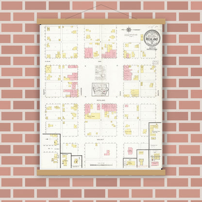 Old map wall art mockup — magnetic wood frame on brick wall — Sanborn Fire Insurance Map from Richland, Keokuk County, Iowa (1916), Sheet #0001