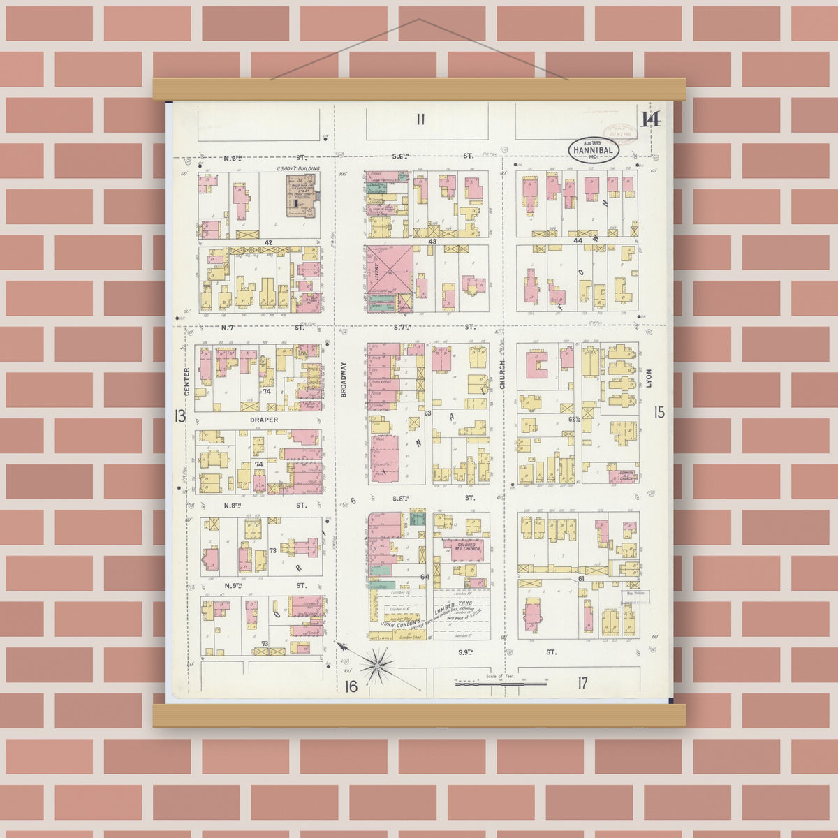 Old map wall art mockup — magnetic wood frame on brick wall — Sanborn Fire Insurance Map from Hannibal, Marion County, Missouri (1899), Sheet #0014