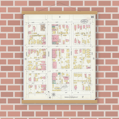 Old map wall art mockup — magnetic wood frame on brick wall — Sanborn Fire Insurance Map from Hannibal, Marion County, Missouri (1899), Sheet #0014