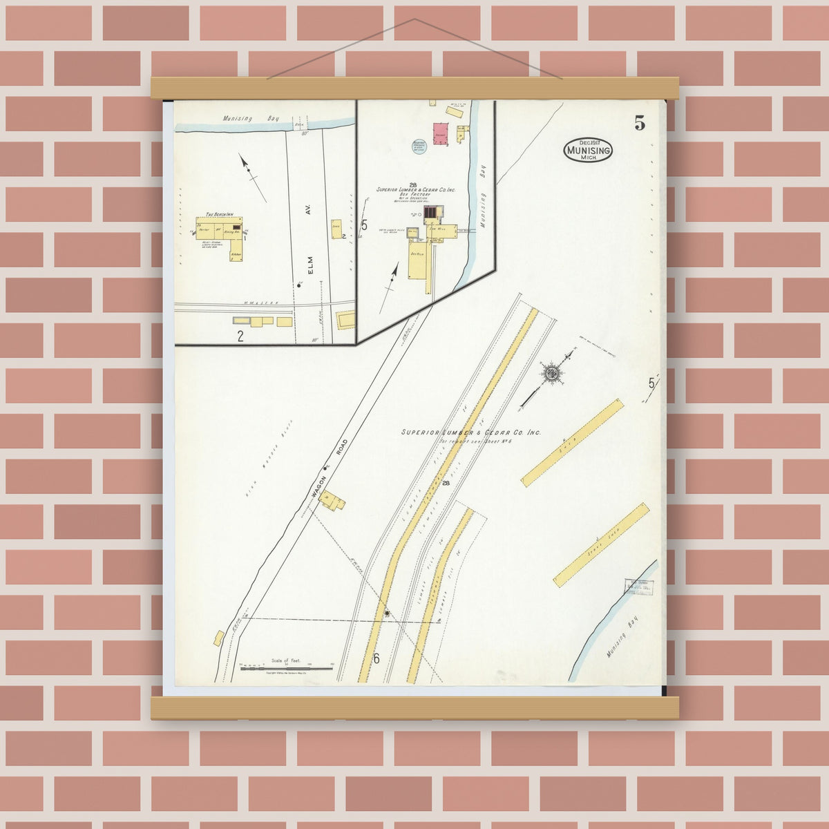 Old map wall art mockup — magnetic wood frame on brick wall — Sanborn Fire Insurance Map from Munising, Alger County, Michigan (1917), Sheet #0005