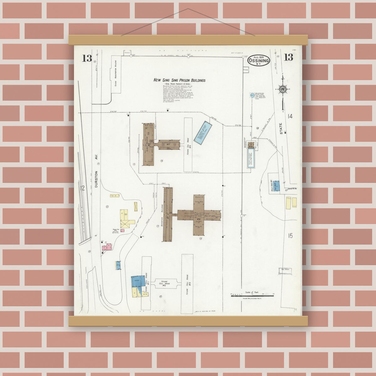 Old map wall art mockup — magnetic wood frame on brick wall — Sanborn Fire Insurance Map from Ossining, Westchester County, New York (1924), Sheet #0013