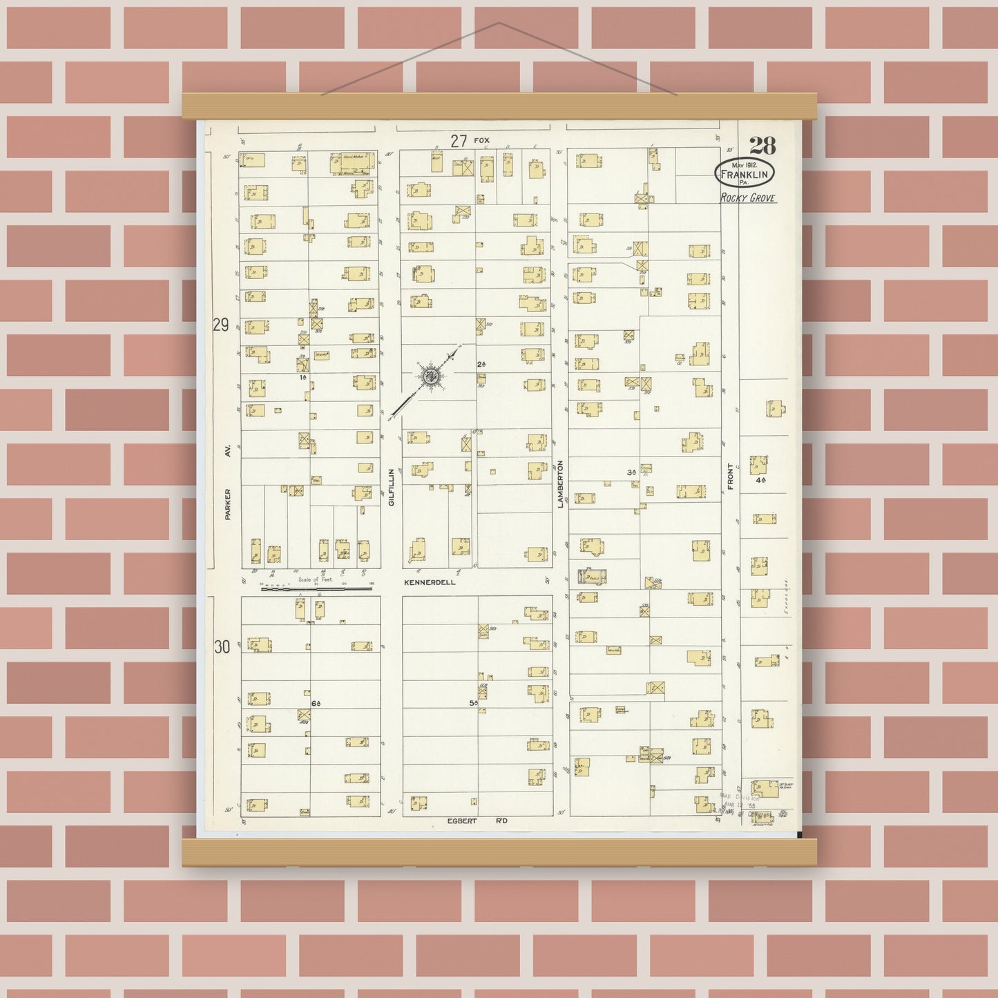 Old map wall art mockup — magnetic wood frame on brick wall — Sanborn Fire Insurance Map from Franklin, Venango County, Pennsylvania (1912), Sheet #0028