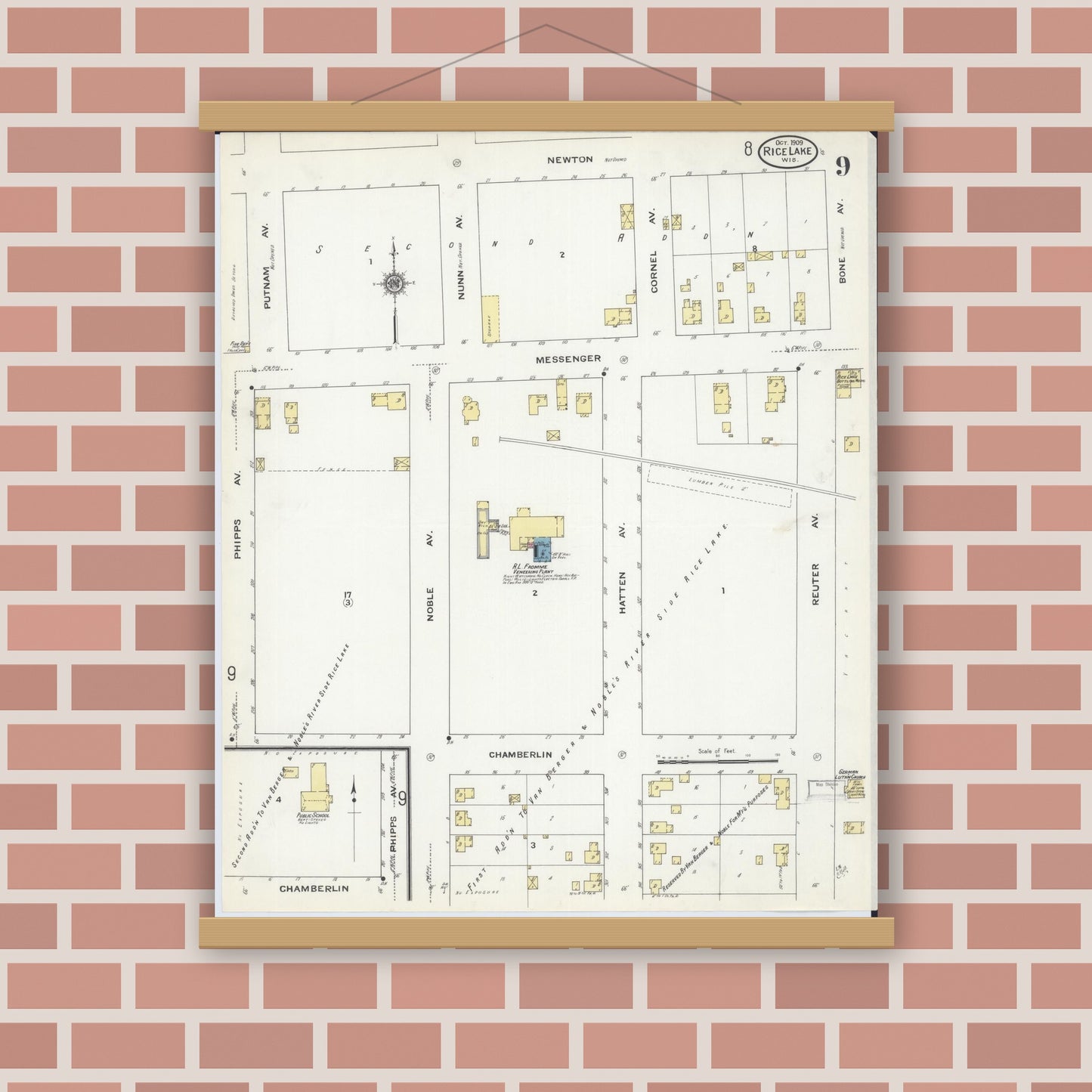 Old map wall art mockup — magnetic wood frame on brick wall — Sanborn Fire Insurance Map from Rice Lake, Barron County, Wisconsin (1909), Sheet #0009