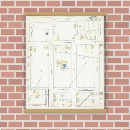 Old map wall art mockup — magnetic wood frame on brick wall — Sanborn Fire Insurance Map from Rice Lake, Barron County, Wisconsin (1909), Sheet #0009