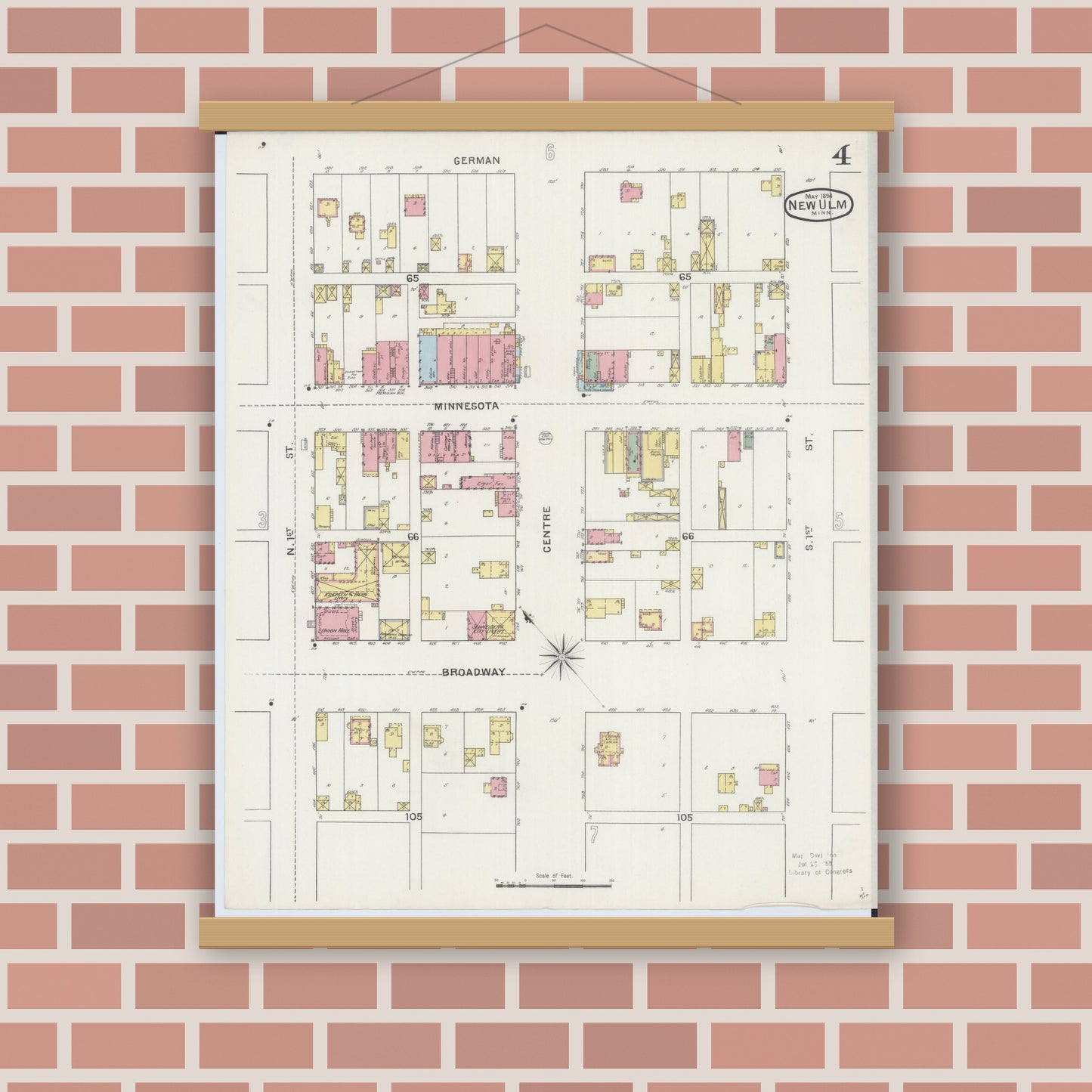 Old map wall art mockup — magnetic wood frame on brick wall — Sanborn Fire Insurance Map from New Ulm, Brown County, Minnesota (1894), Sheet #0004