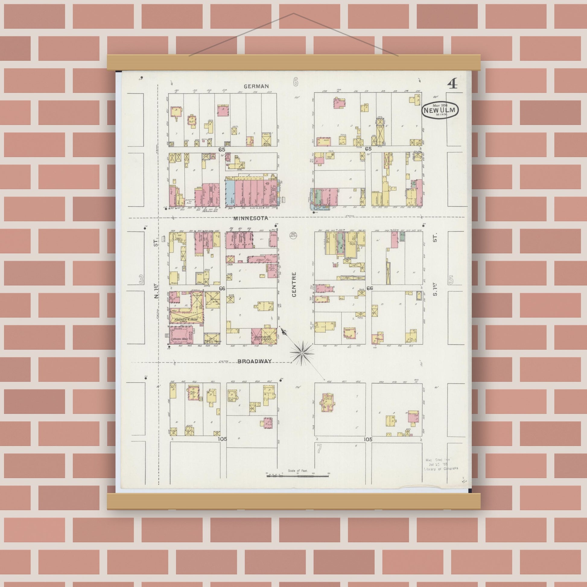 Old map wall art mockup — magnetic wood frame on brick wall — Sanborn Fire Insurance Map from New Ulm, Brown County, Minnesota (1894), Sheet #0004