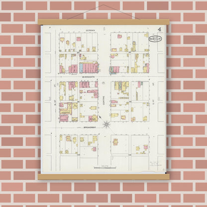 Old map wall art mockup — magnetic wood frame on brick wall — Sanborn Fire Insurance Map from New Ulm, Brown County, Minnesota (1894), Sheet #0004