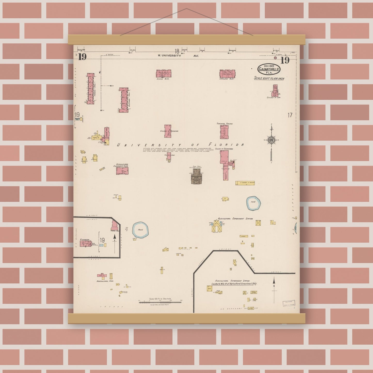 Old map wall art mockup — magnetic wood frame on brick wall — Sanborn Fire Insurance Map from Gainesville, Alachua County, Florida (1922), Sheet #0019