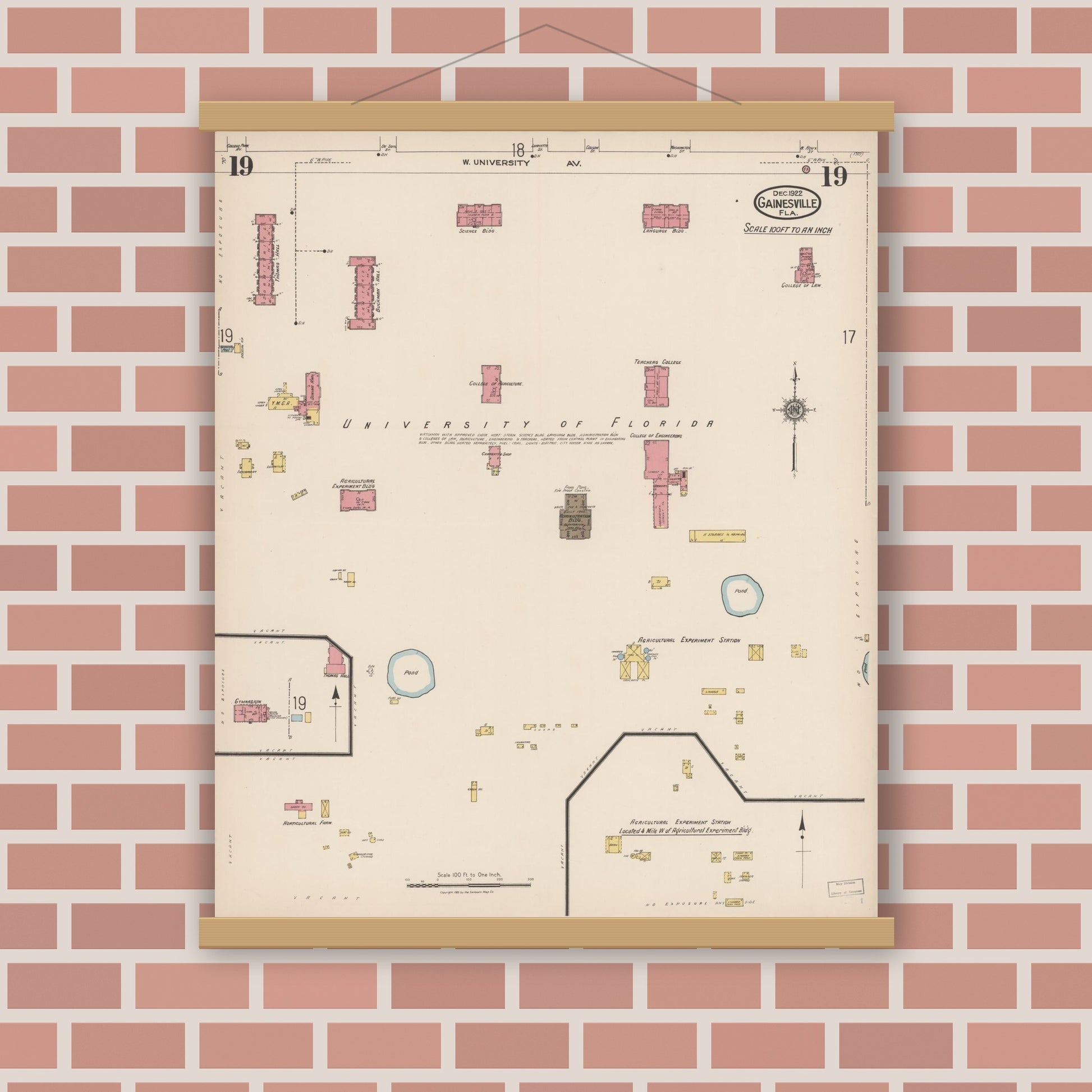 Old map wall art mockup — magnetic wood frame on brick wall — Sanborn Fire Insurance Map from Gainesville, Alachua County, Florida (1922), Sheet #0019