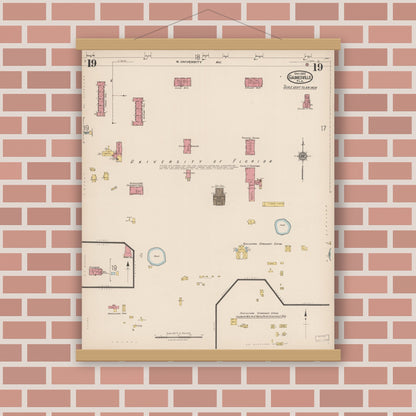Old map wall art mockup — magnetic wood frame on brick wall — Sanborn Fire Insurance Map from Gainesville, Alachua County, Florida (1922), Sheet #0019