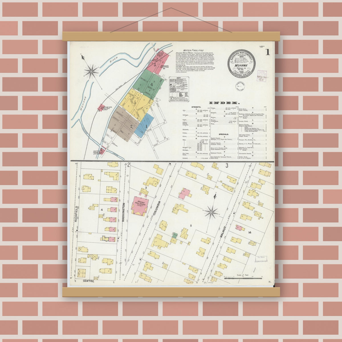 Old map wall art mockup — magnetic wood frame on brick wall — Sanborn Fire Insurance Map from Mohawk, Herkimer County, New York (1902) - Complete Map Set