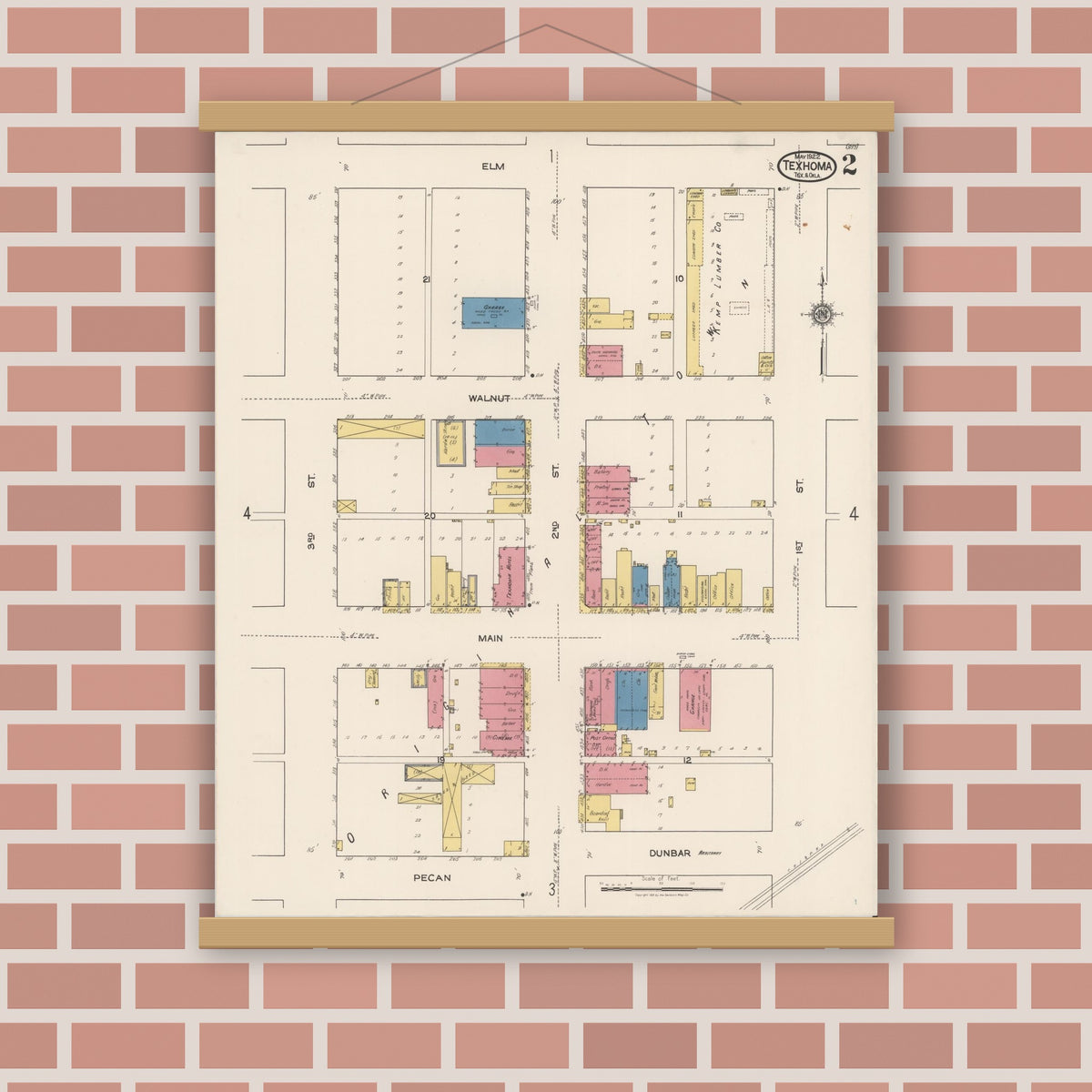 Old map wall art mockup — magnetic wood frame on brick wall — Sanborn Fire Insurance Map from Texhoma, Texas County, Oklahoma and Sherman County, Texas, Texas (1922), Sheet #0002