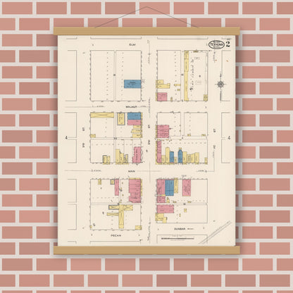 Old map wall art mockup — magnetic wood frame on brick wall — Sanborn Fire Insurance Map from Texhoma, Texas County, Oklahoma and Sherman County, Texas, Texas (1922), Sheet #0002