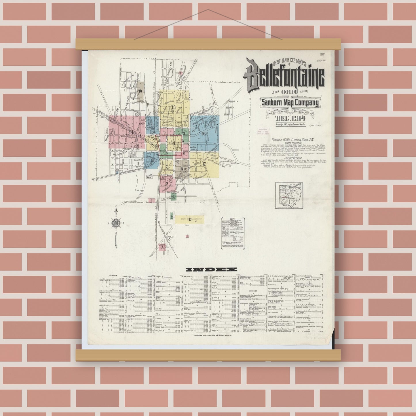 Old map wall art mockup — magnetic wood frame on brick wall — Sanborn Fire Insurance Map from Bellefontaine, Logan County, Ohio (1914), Sheet #0001