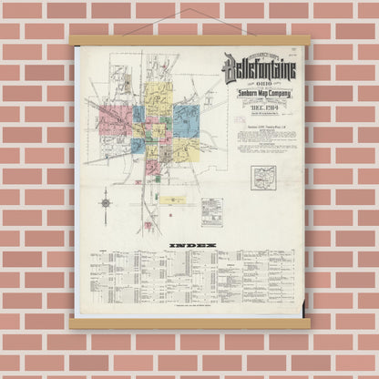 Old map wall art mockup — magnetic wood frame on brick wall — Sanborn Fire Insurance Map from Bellefontaine, Logan County, Ohio (1914), Sheet #0001