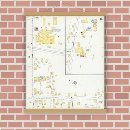 Old map wall art mockup — magnetic wood frame on brick wall — Sanborn Fire Insurance Map from Woburn, Middlesex County, Massachusetts (1899), Sheet #0016