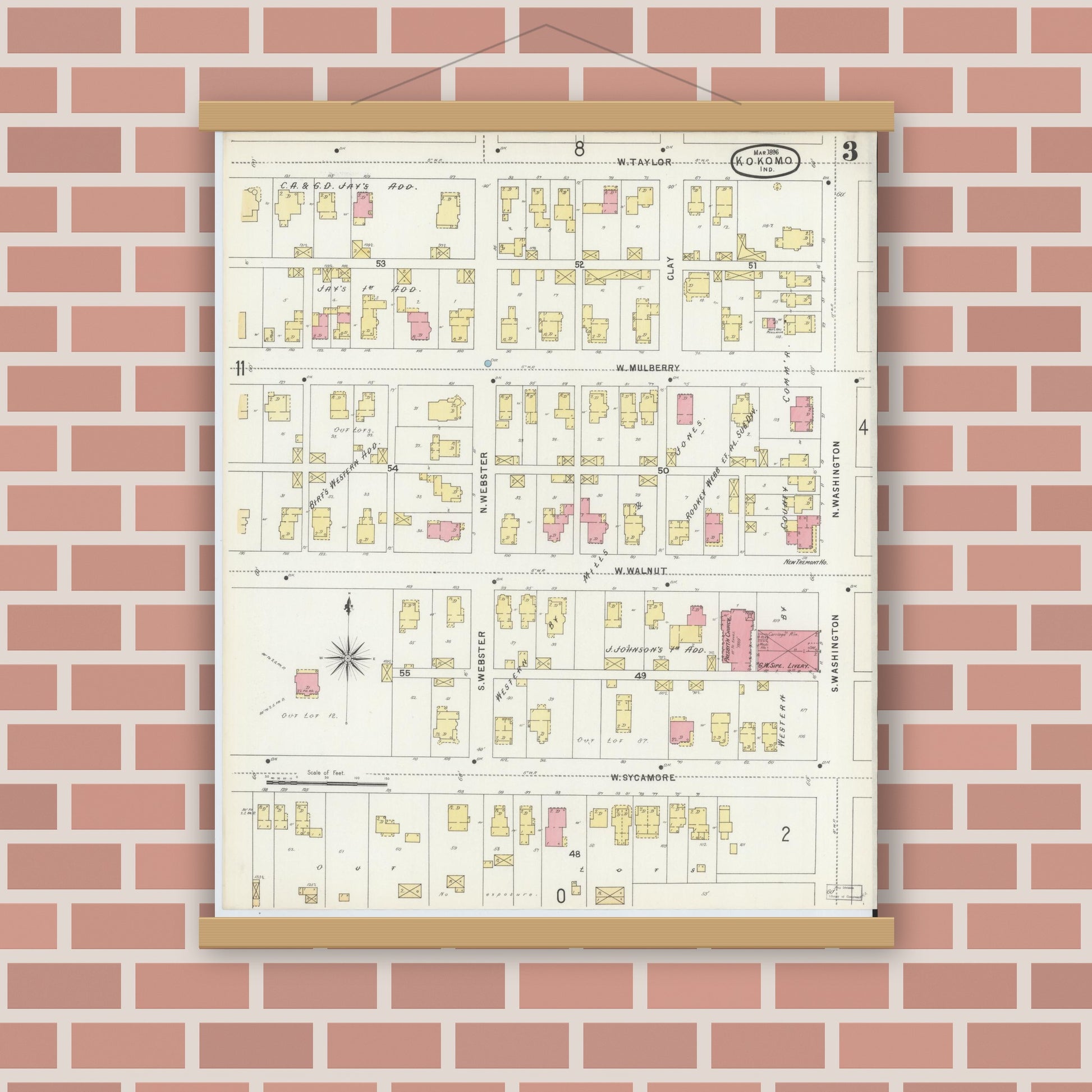 Old map wall art mockup — magnetic wood frame on brick wall — Sanborn Fire Insurance Map from Kokomo, Howard County, Indiana (1896), Sheet #0003