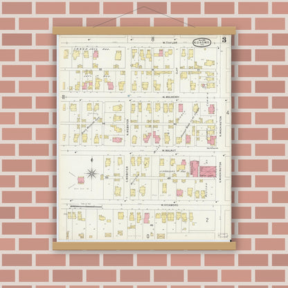 Old map wall art mockup — magnetic wood frame on brick wall — Sanborn Fire Insurance Map from Kokomo, Howard County, Indiana (1896), Sheet #0003